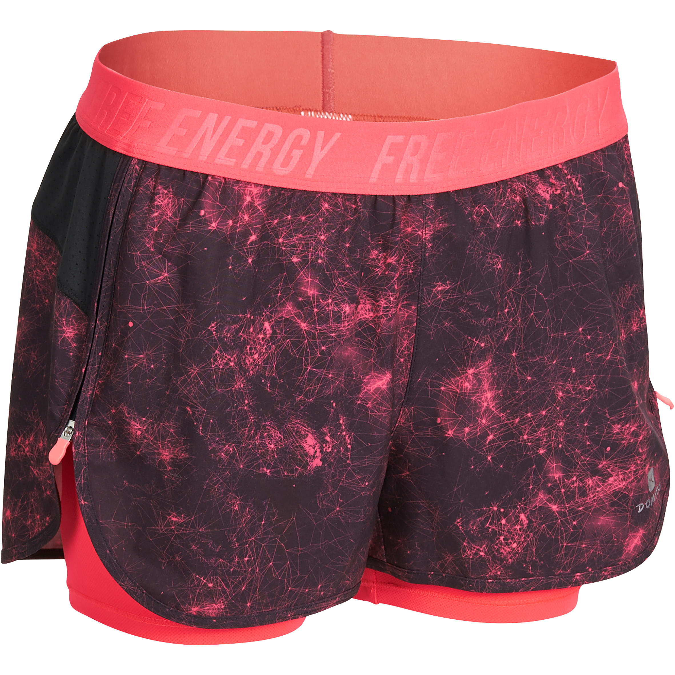 DOMYOS Energy Xtreme Women's 2-in-1 Fitness Shorts - Black/Pink Print