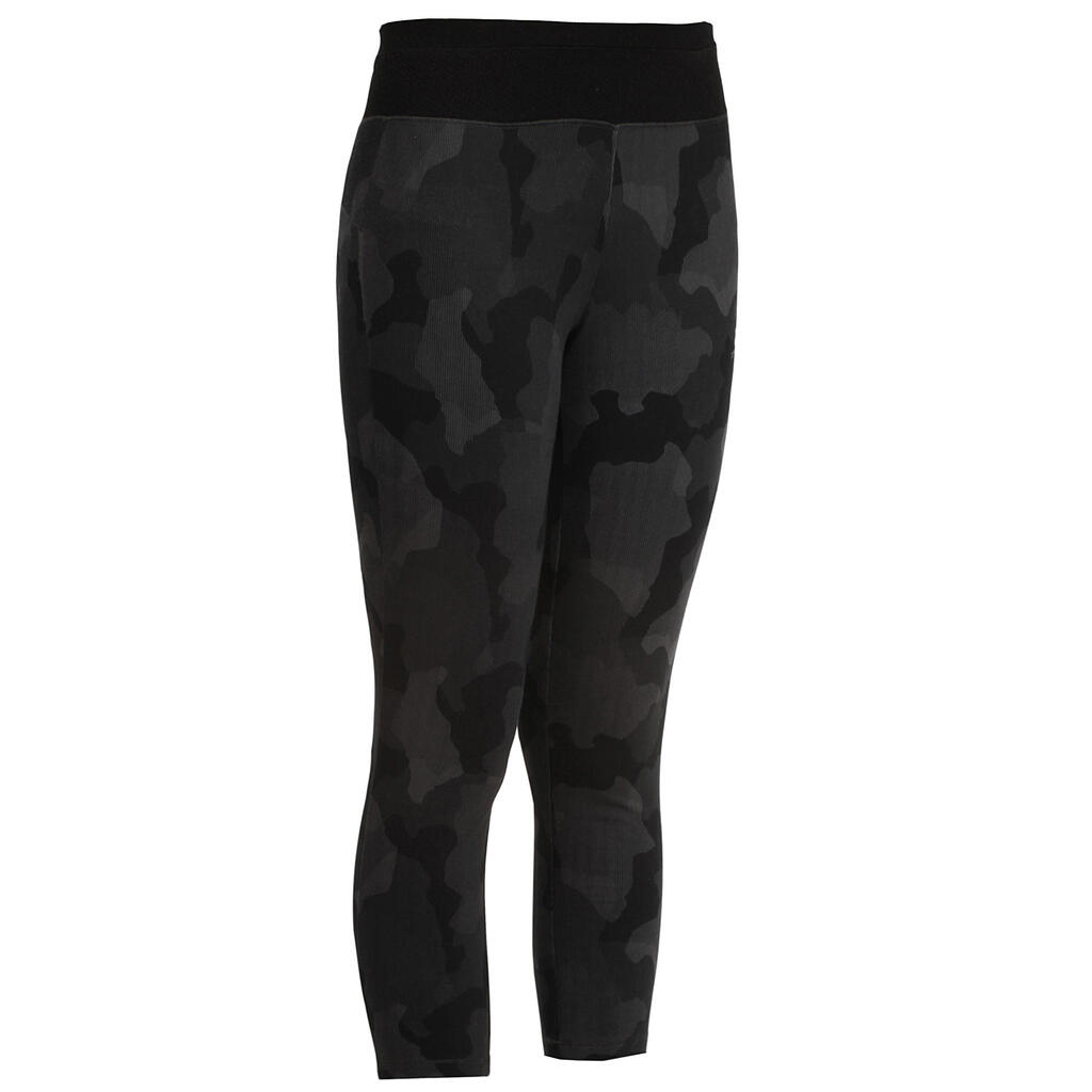 Women's fitness 7/8 print leggings with contrast waistband - black