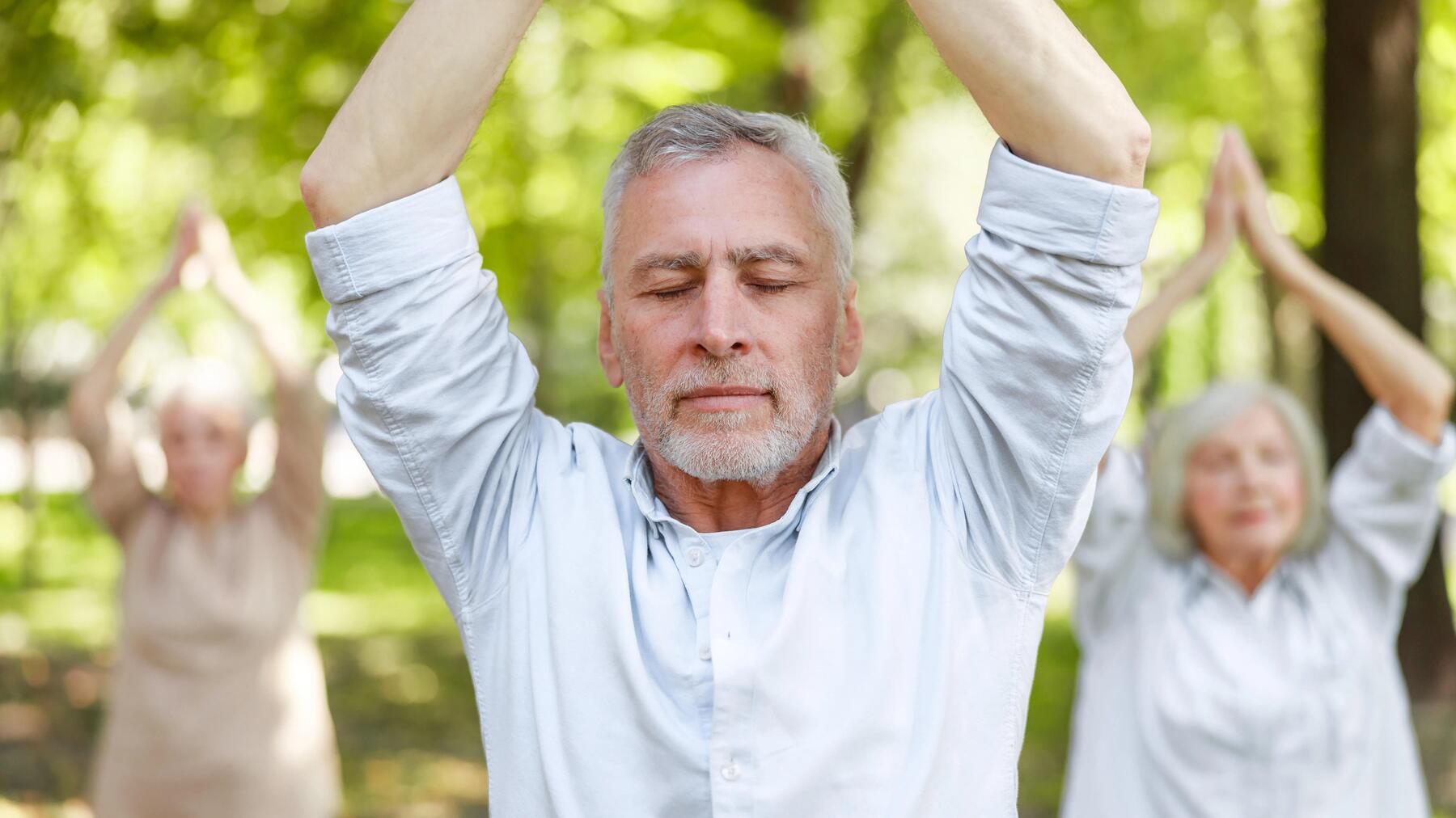 Seniorzy wykonujący ćwiczenia pilates w parku