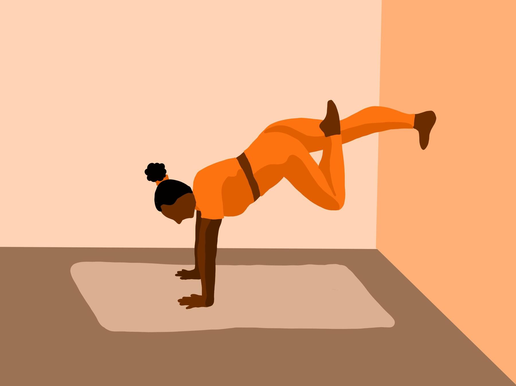 Ilustracja przedstawiająca kobietę ćwiczącą pilates przy ścianie