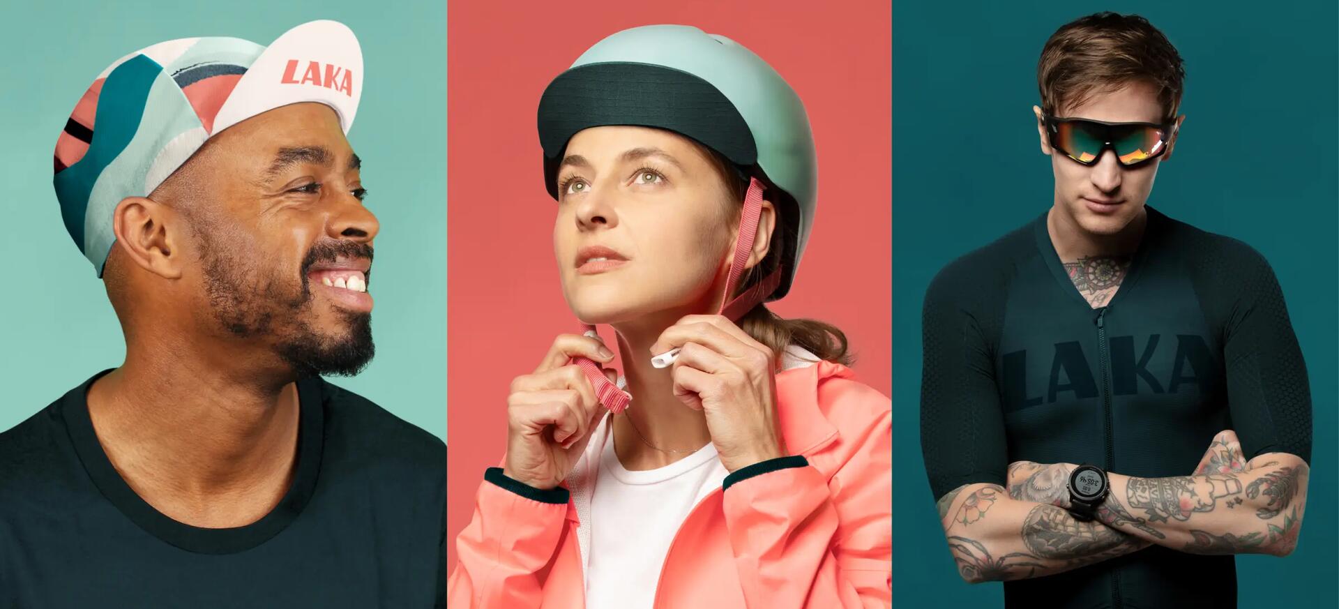 Bunte Fahrradbekleidung, geometrische Muster, glatte Stoffe, helle rot-blau-grüne Farbtöne, sportliche Posen.