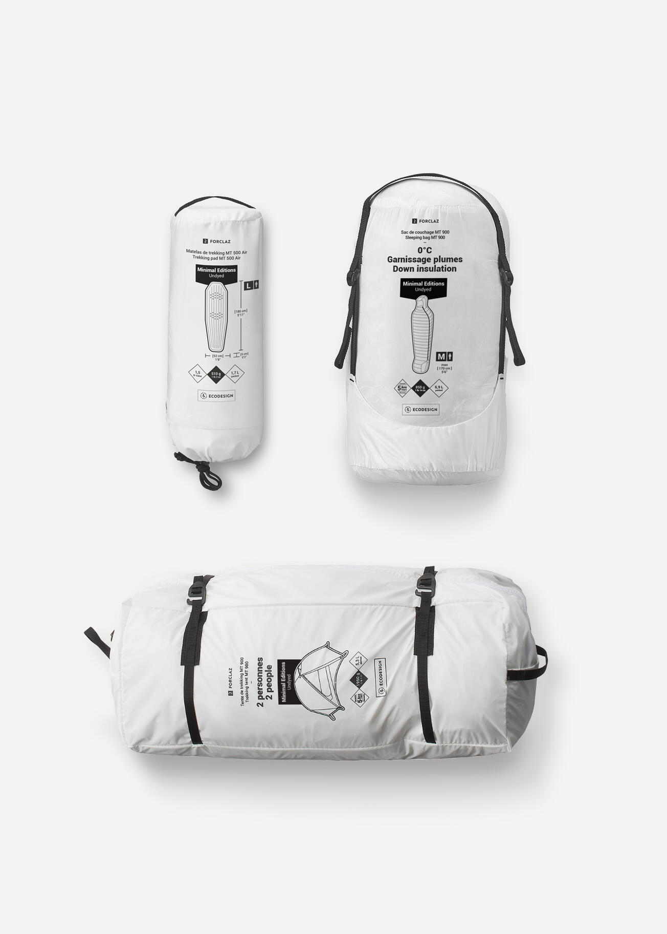 En 2022, la première collection Minimal Editions - Undyed propose trois produits en quantités limitées : tente de trek, matelas, sac de couchage.