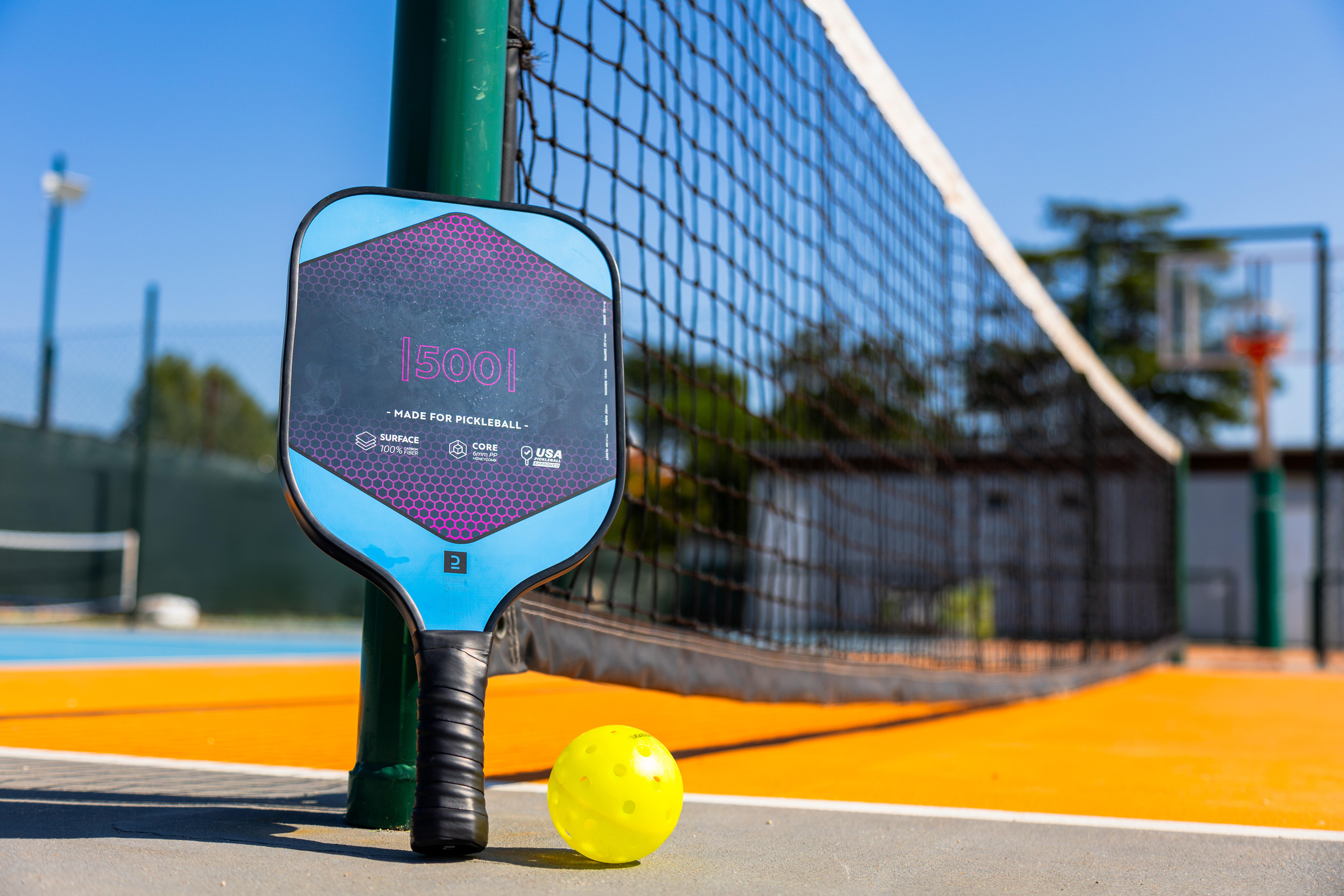 Blue and pink pickleball paddle leaning against net post, ball beside it