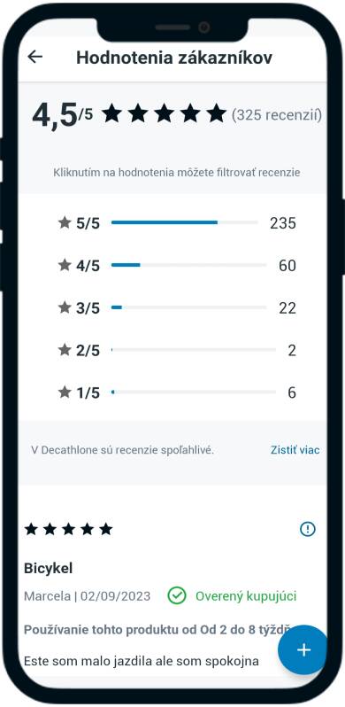 screenshot mobilnej obrazovky hodnotenia zákazníkov decathlon aplikácie