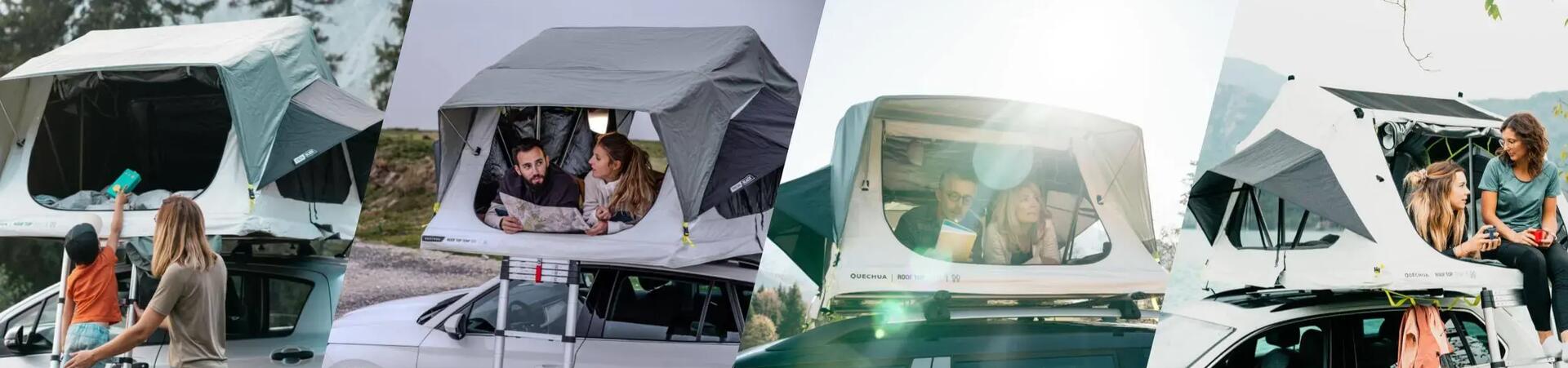 Vier Autos mit aufgestellten Dachzelten. Menschen lesen Karten oder entspannen. Zelte in Grau, weiße Autos. Natur im Hintergrund.