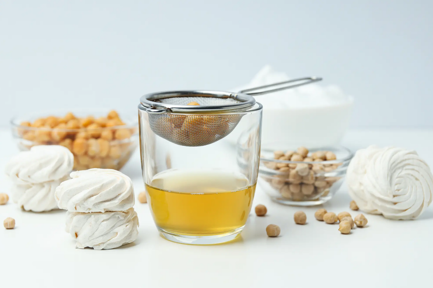 Aquafaba będąca zamiennikiem jajka w diecie wegańskiej zebrana w szklance po odsączeniu ugotowanej cieciorki