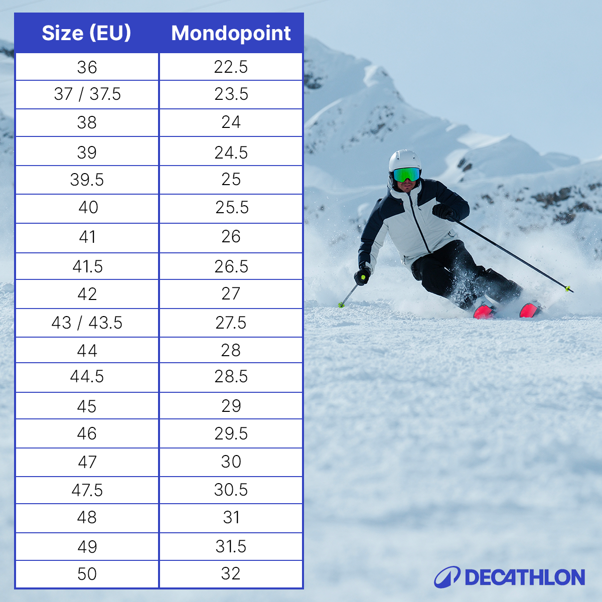 Decathlon ski boots size mondopoint
