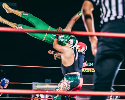 Dwóch mężczyzn biorących udział we wrestlingu na ringu