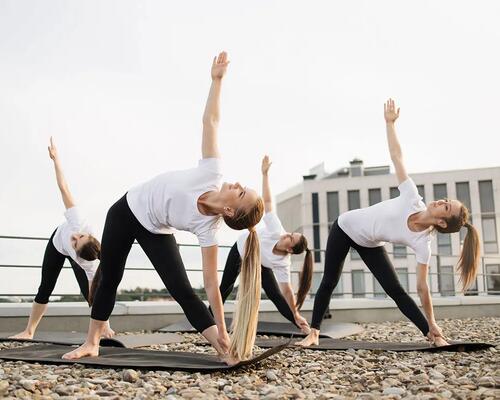 Dziewczyny w strojach sportowych ćwiczące na matach pozycję parivrtta trikonasana w jodze na dworze