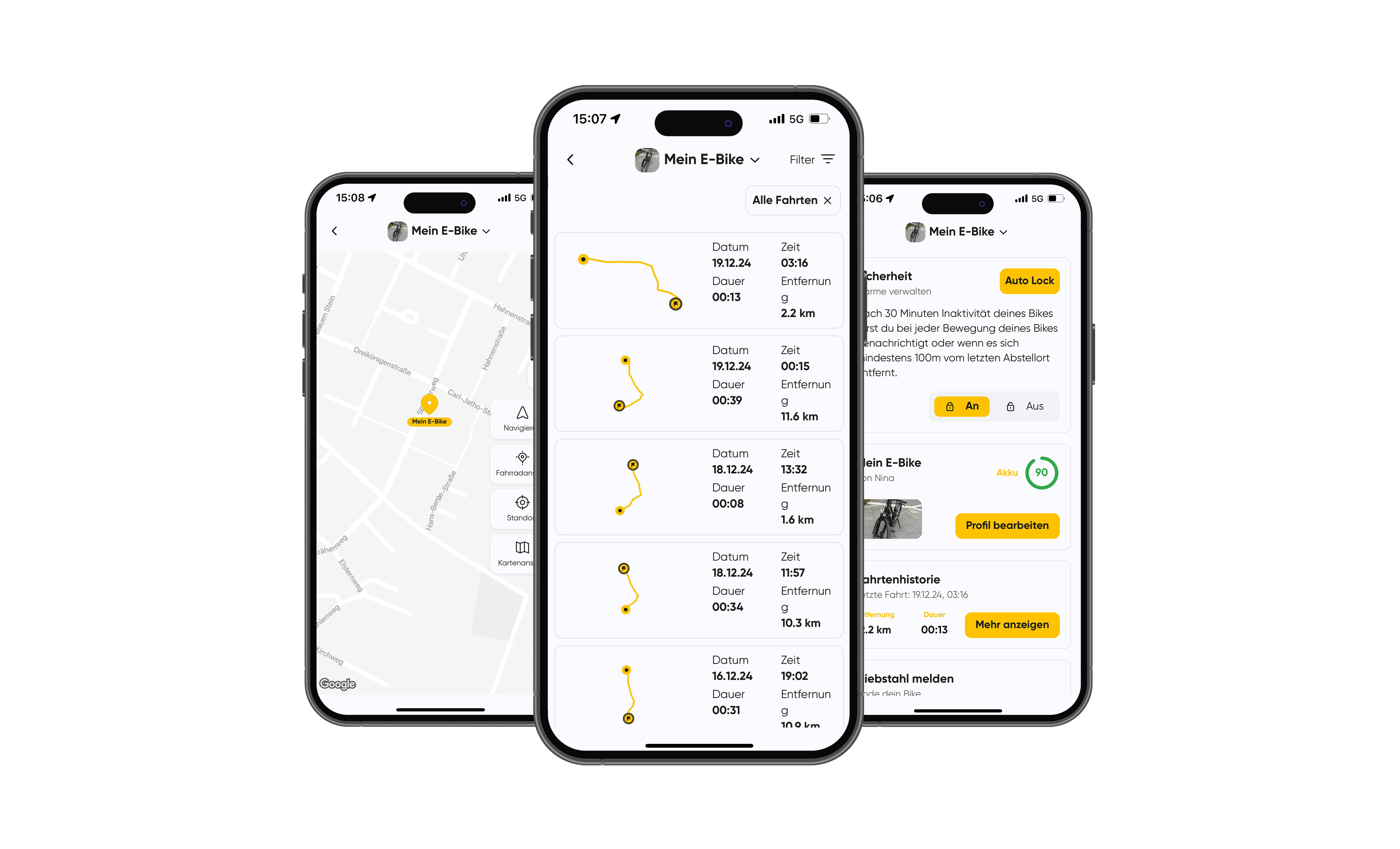 Drei Smartphones, zentrale App mit gelben Details, Karte und Routen, klare Benutzeroberfläche, weißer Hintergrund.