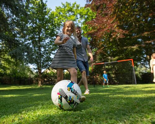 Kids playing with a mobile football goal on the grass