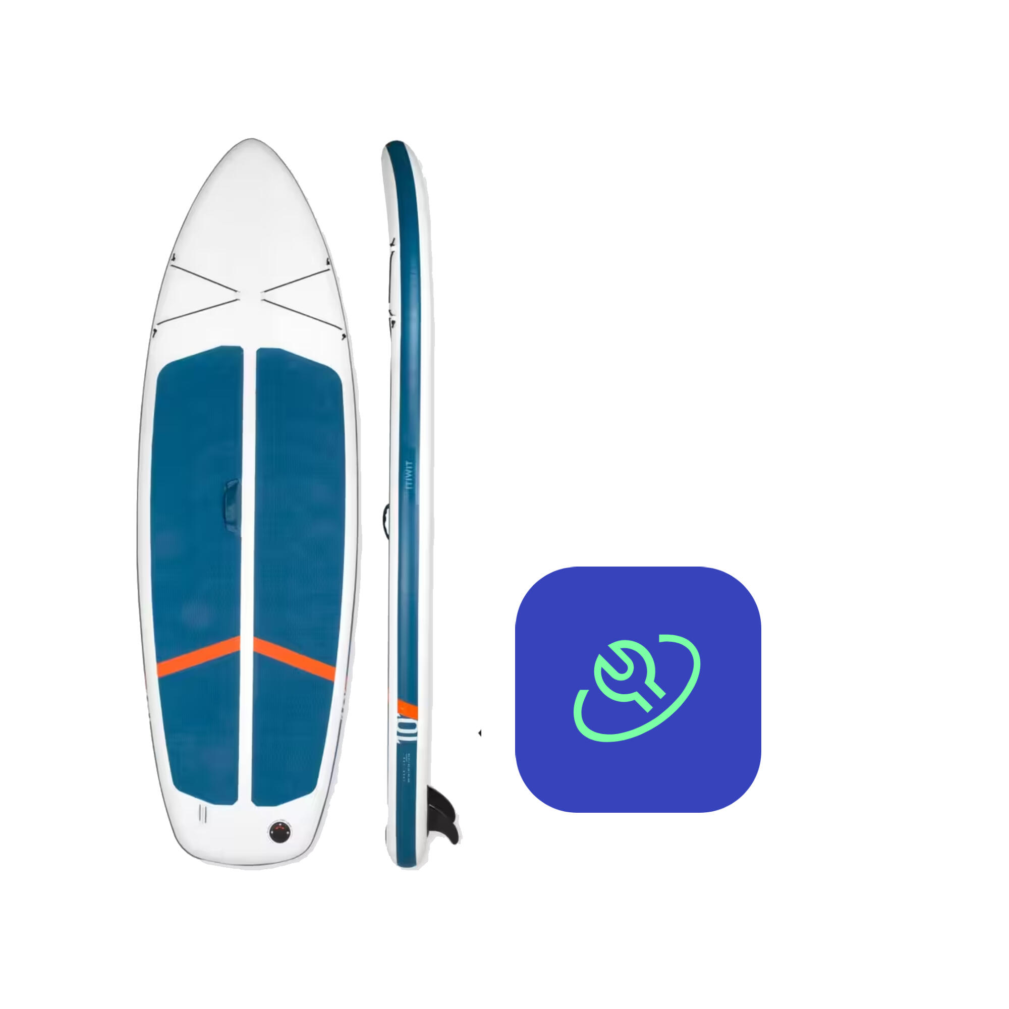 Ein Stand-Up-Paddle-Board mit einem darüber liegenden Icon für Werkstattservice.