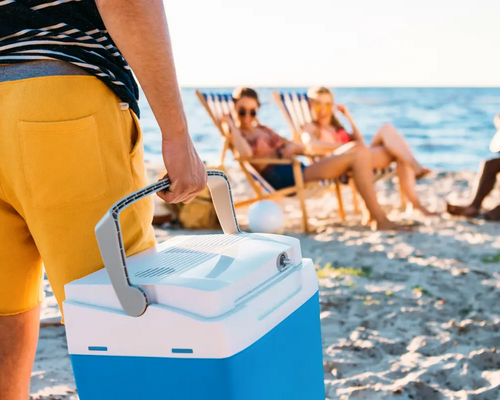 Mężczyzna niosący lodówkę turystyczną na plaży naładowaną akumulatorem