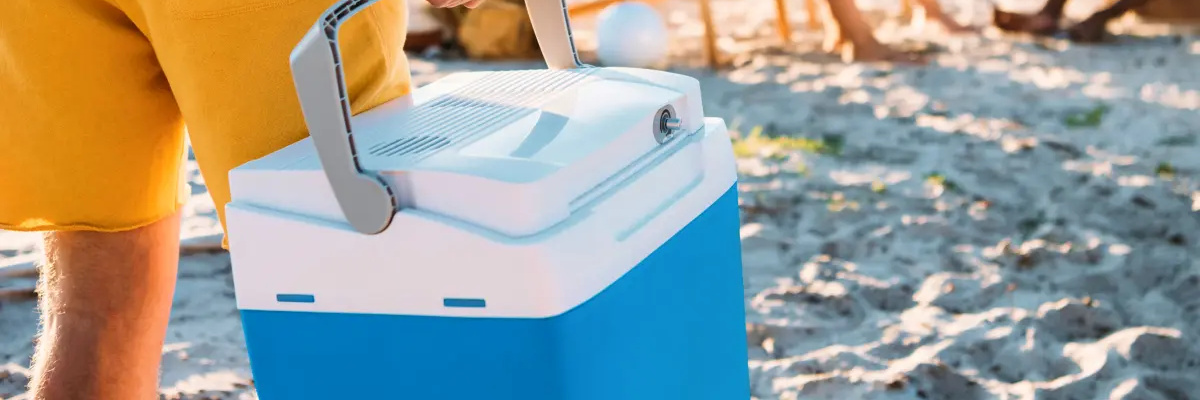 Mężczyzna niosący lodówkę turystyczną na plaży naładowaną akumulatorem 
