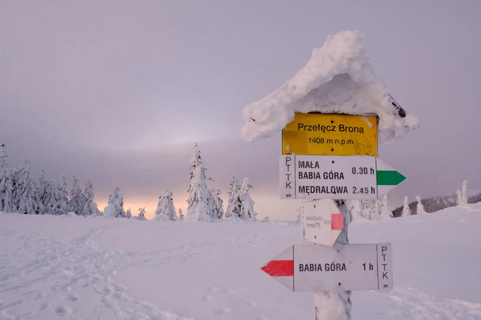 Drogowskaz zasypany śniegiem na szlaku