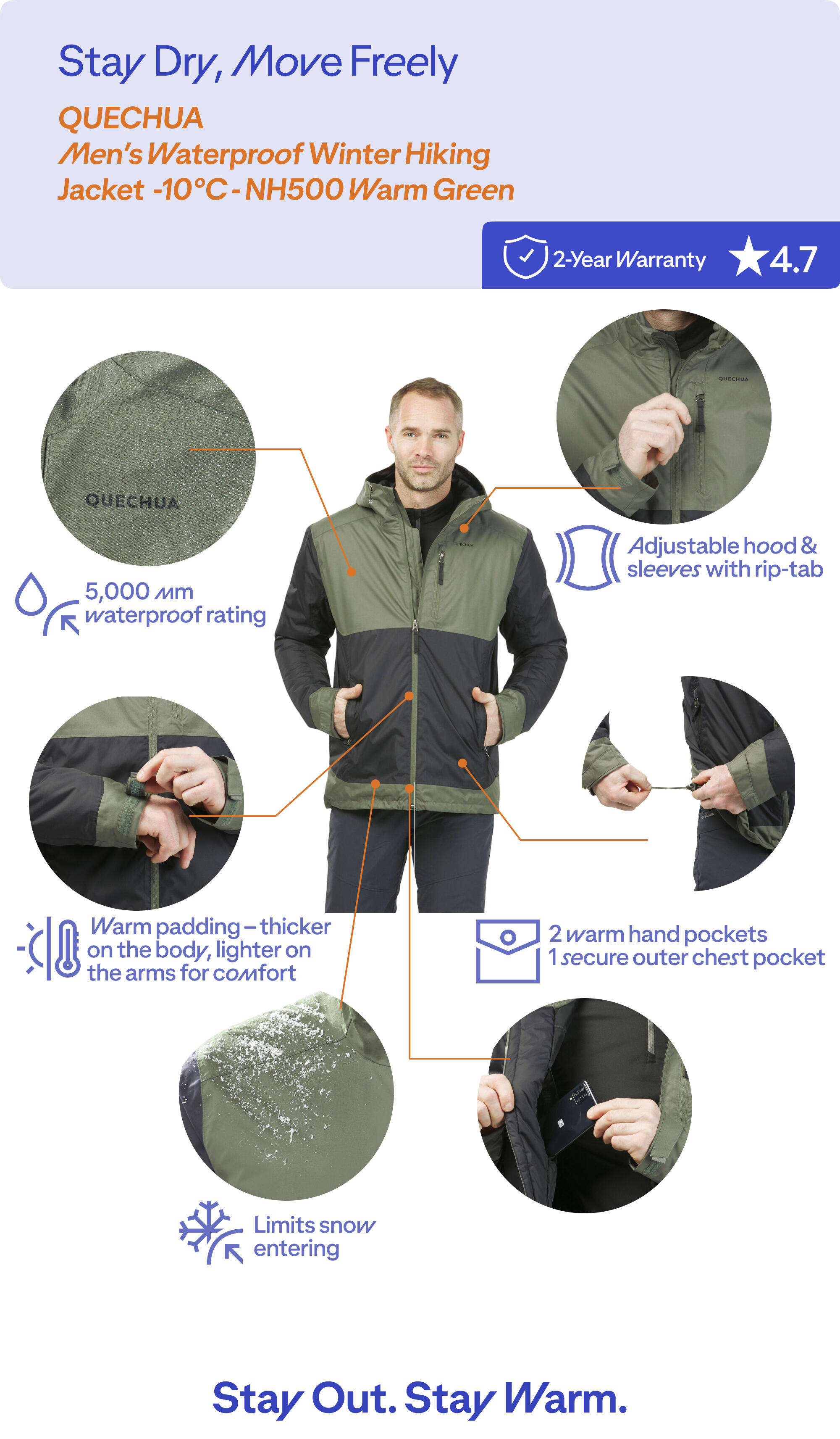 Hiking Jacket for Men - Warm Green - Waterproof Winter Comfortable
