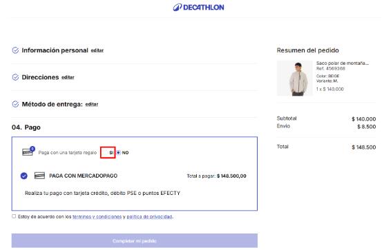 Paso 1 para pagar con tarjeta regalo