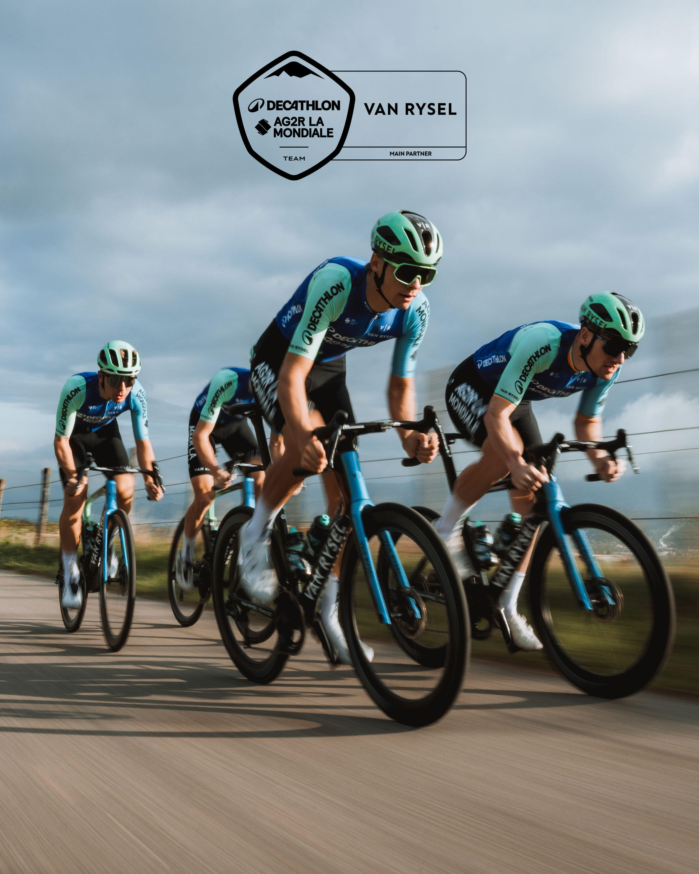 Pro decathlon cycling team in full kit riding