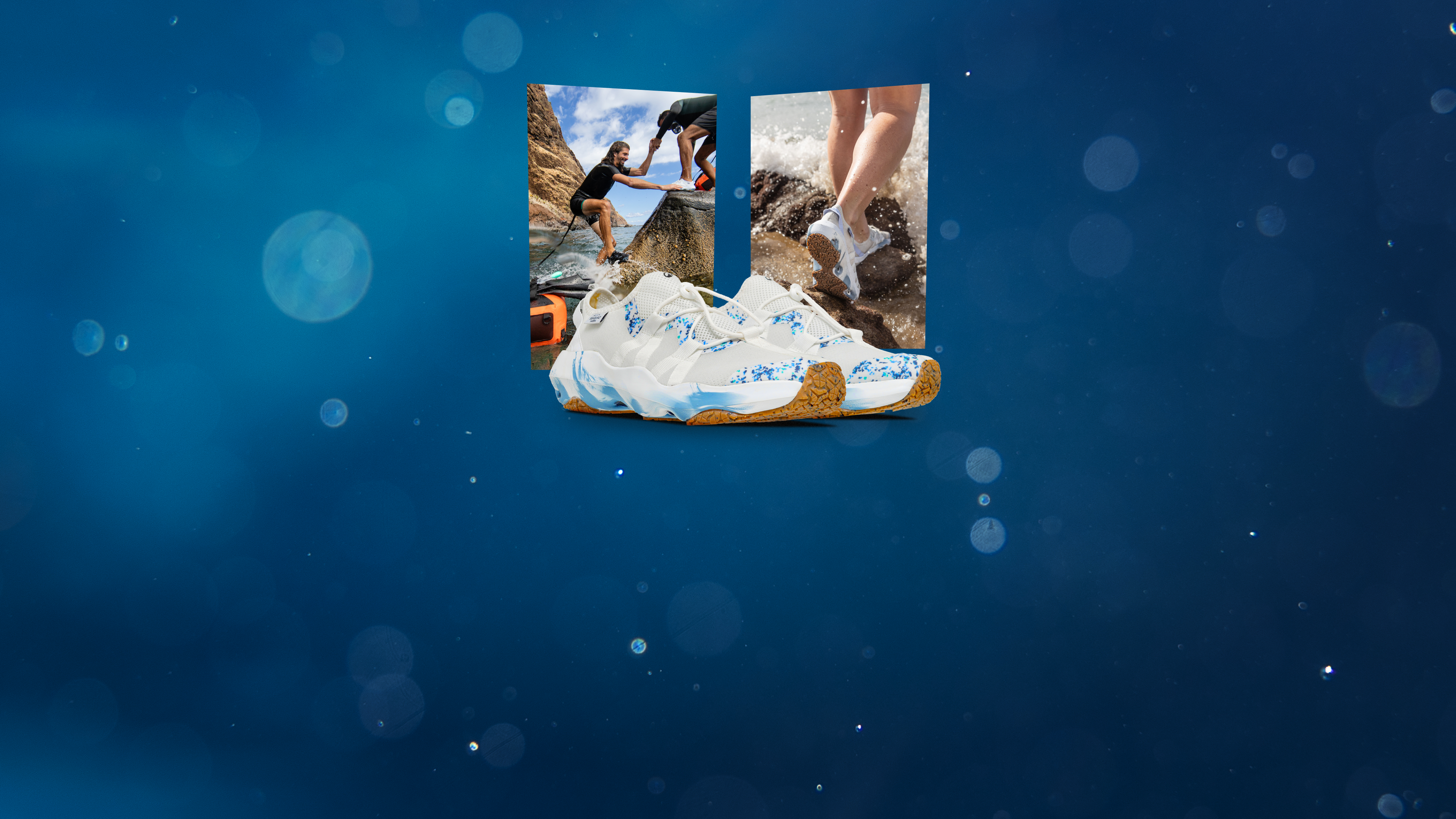 blauer Hintergrund, Wasserschuhe und Stimmungsbild mit Menschen die auf Felsen klettern