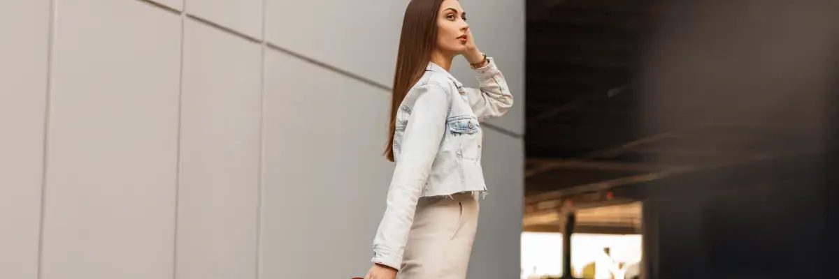 Kobieta w kurtce jeansowej z szerokimi spodniami idąca w budynku