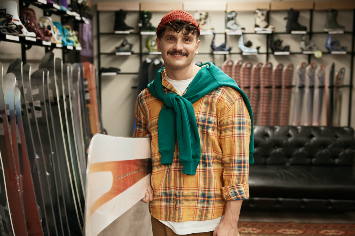 Mężczyzna z deską snowboardową pod pachą