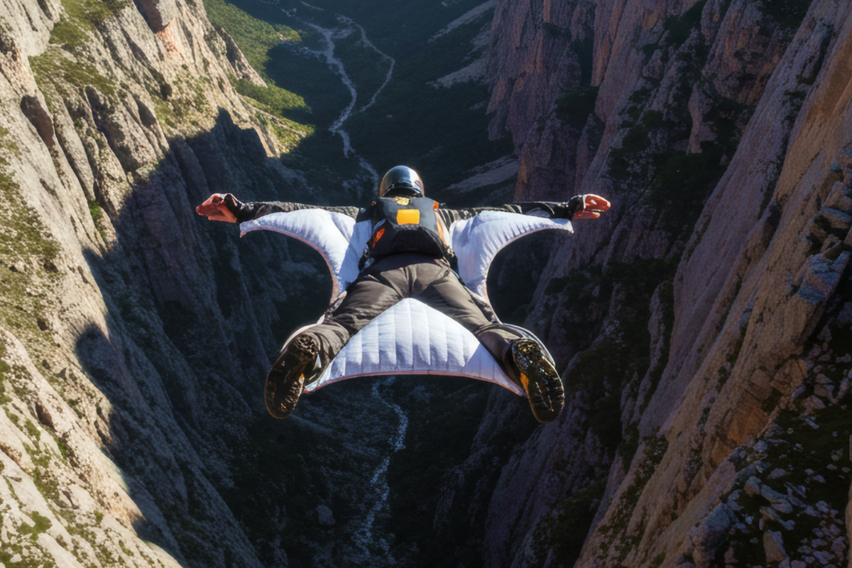 Mężczyzna uprawiający sport ekstremalny wingsuit