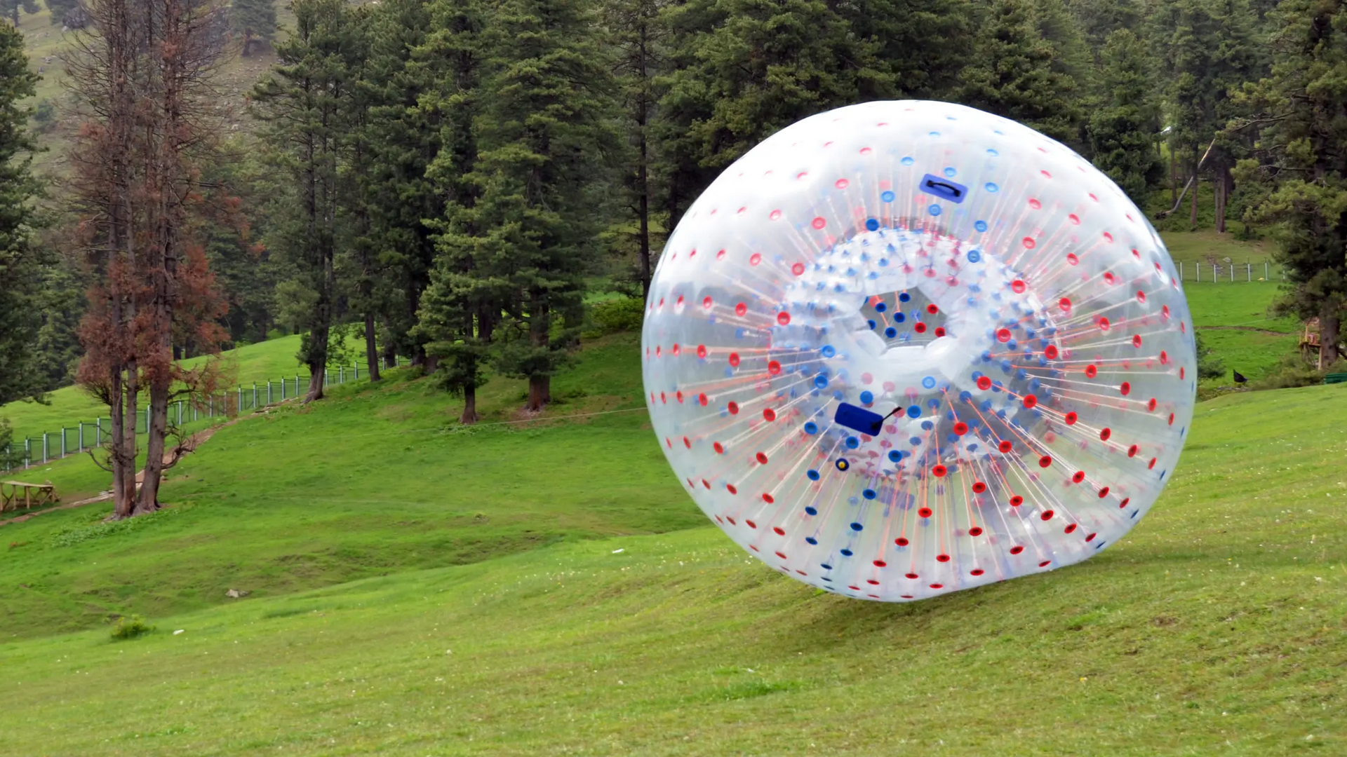Osoba uprawiająca zorbing na trawie