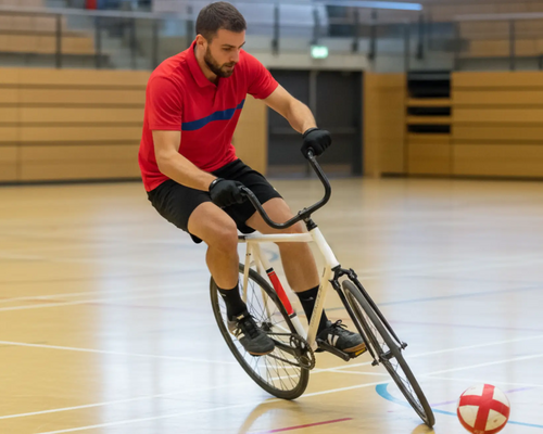 Mężczyzna na rowerze grający w piłkę rowerową na hali