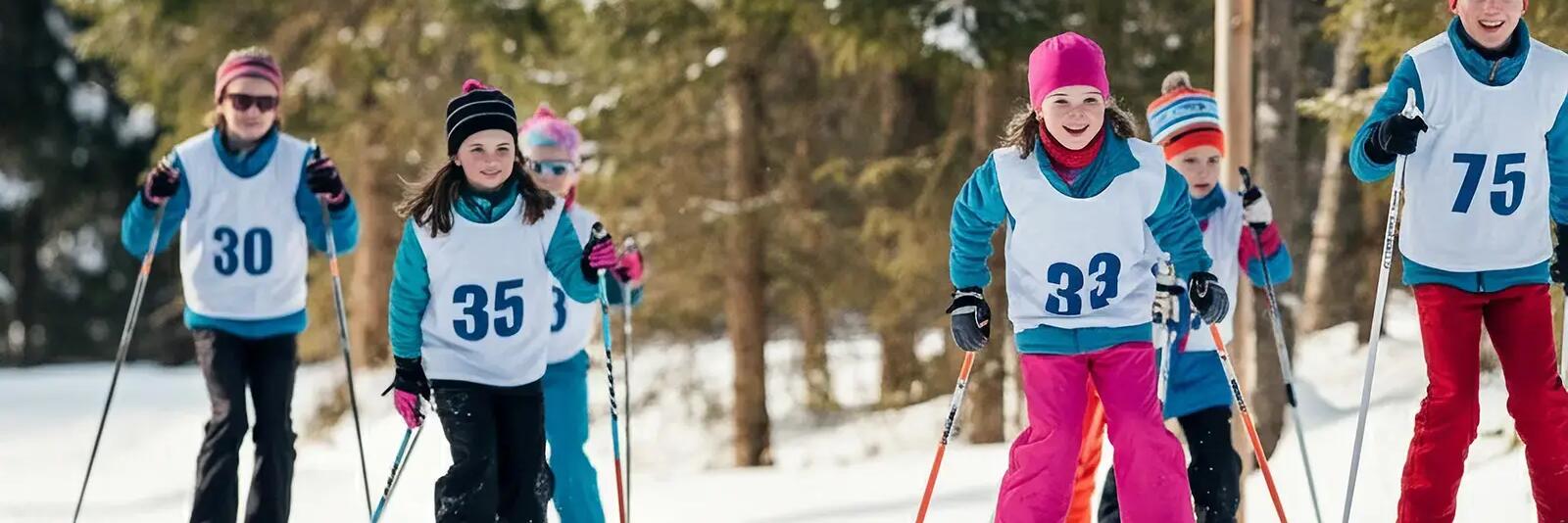 Dzieci biorące udział w biegu narciarskim dla dzieci