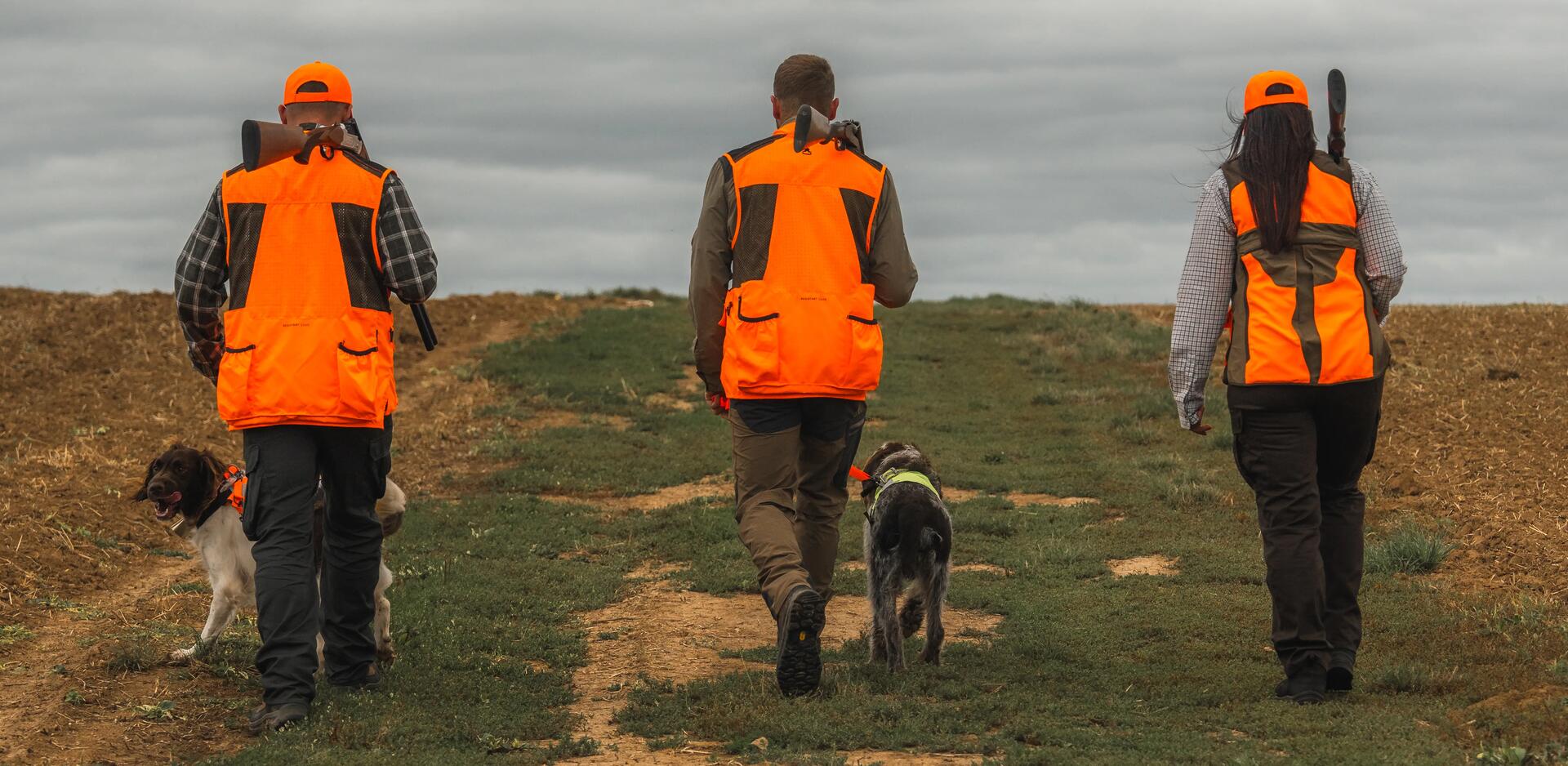3 chasseurs de petit gibier, de dos, qui marchent sur un chemin