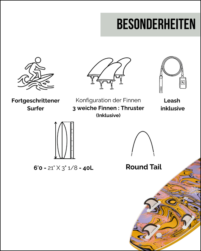 Surfboard Schaumstoff 6' ‒ 500 Soft gelb 