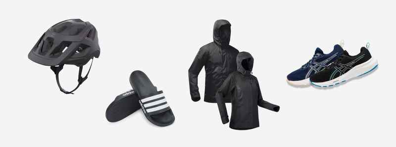 verschieden PRodukte abgebildet: ein Fahrradhelm in schwarz, Adiletten, zwei Regenjacken und -asics Laufschuhe