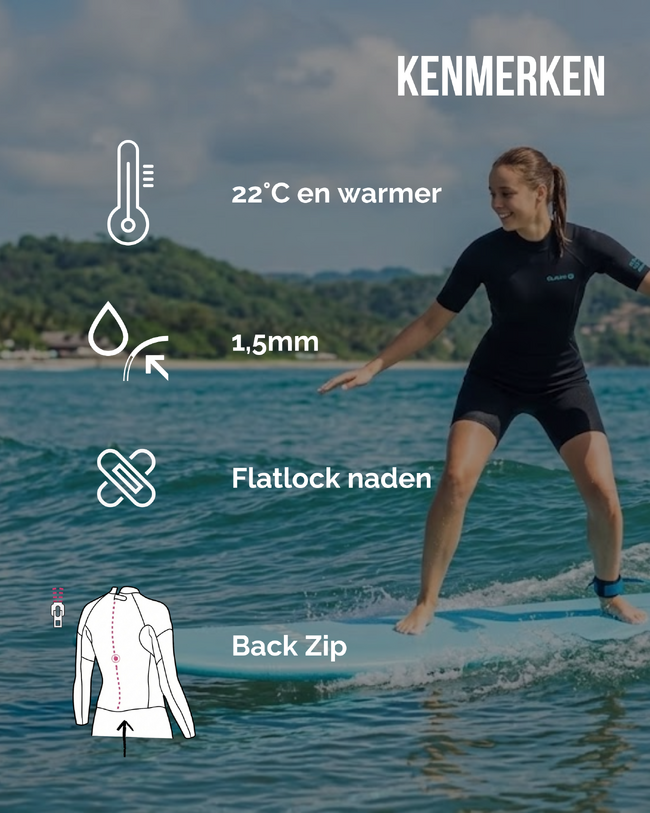 Achterkant van shorty wetsuit met grote back zipper