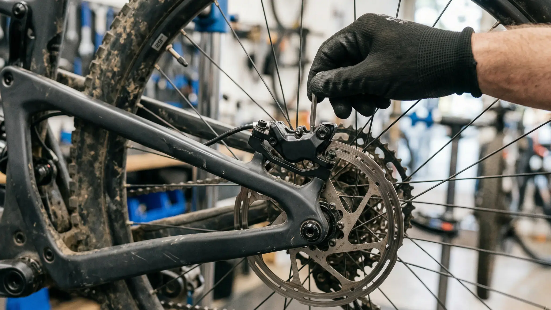 Mężczyzna regulujący kluczem hamulce rowerowe