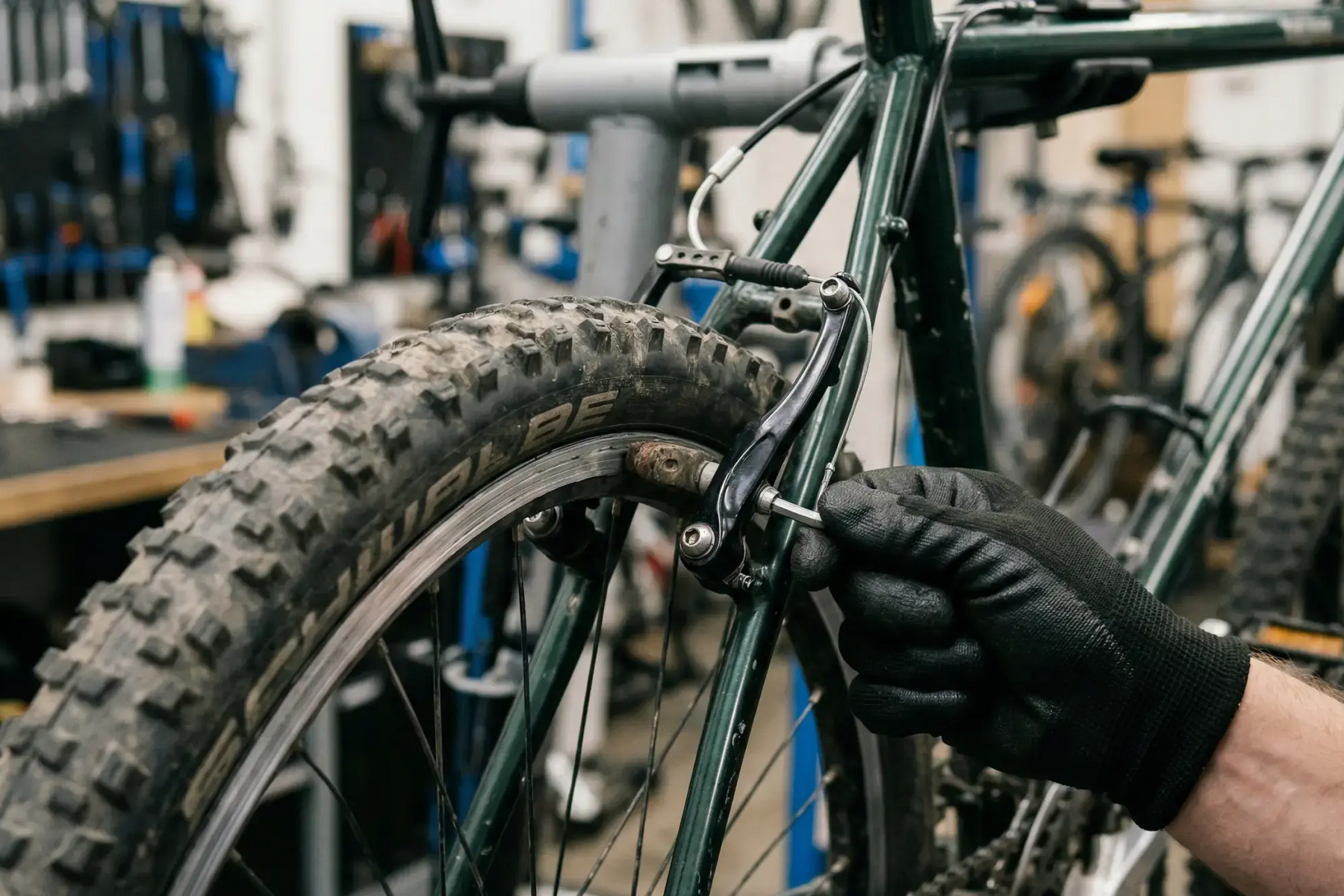 Mężczyzna regulujący kluczem hamulce rowerowe