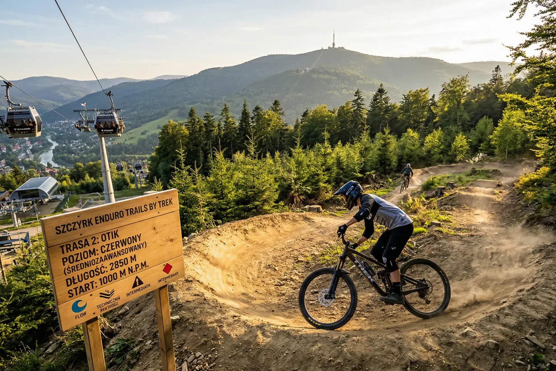 Rowerzyści w kaskach jadący rowerami na trasie Enduro