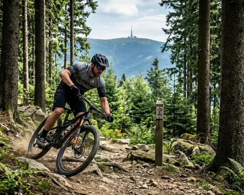 Mężczyzna w kasku i w okularach jadący rowerem na trasie Szczyrk Bike Park
