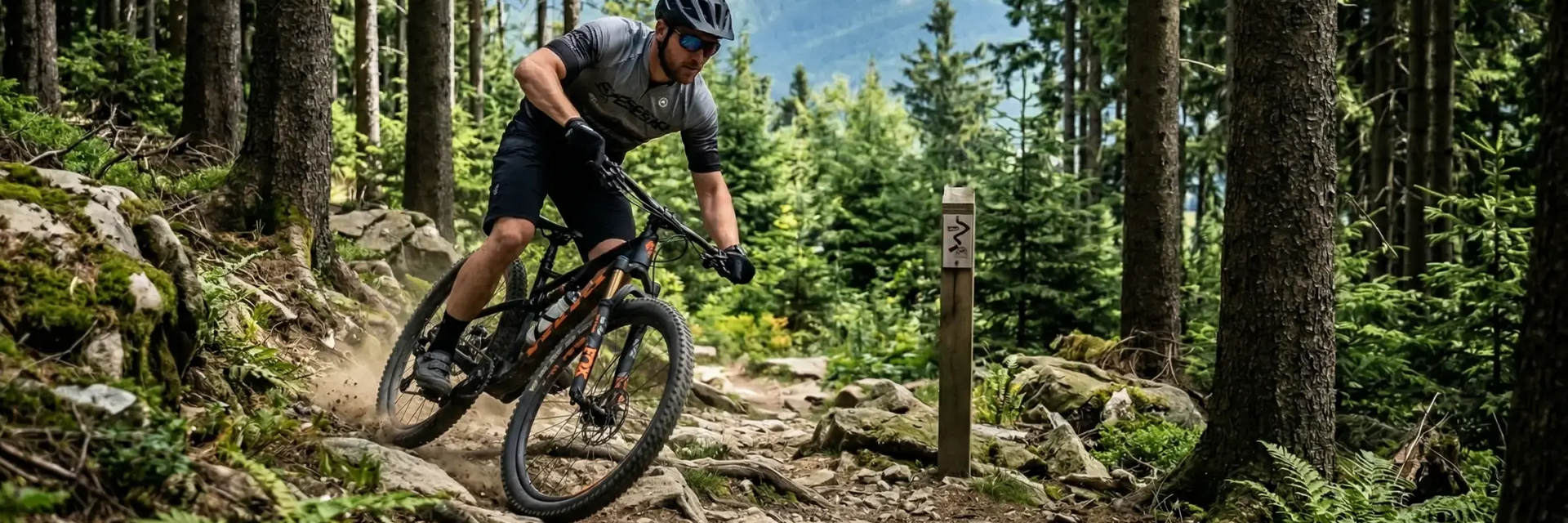 Mężczyzna w kasku i w okularach jadący rowerem na trasie Szczyrk Bike Park