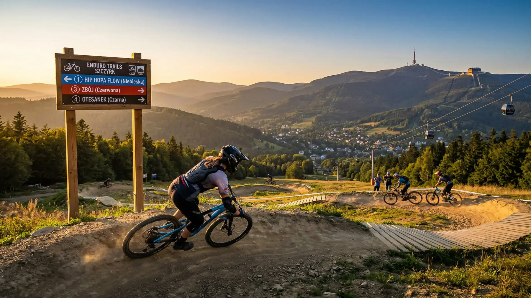 Rowerzyści w kaskach jeżdżący na rowerach po trasach Enduro
