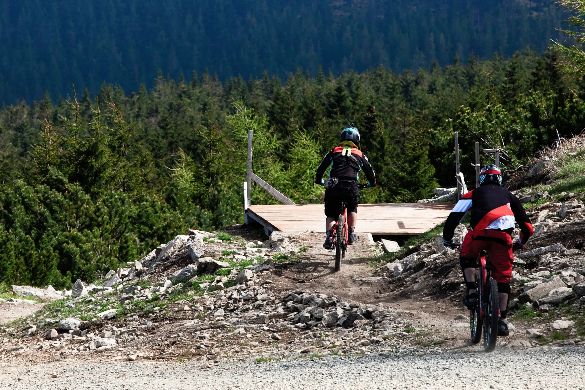 Rowerzyści jadący rowerami w Bike Park Czarna Góra