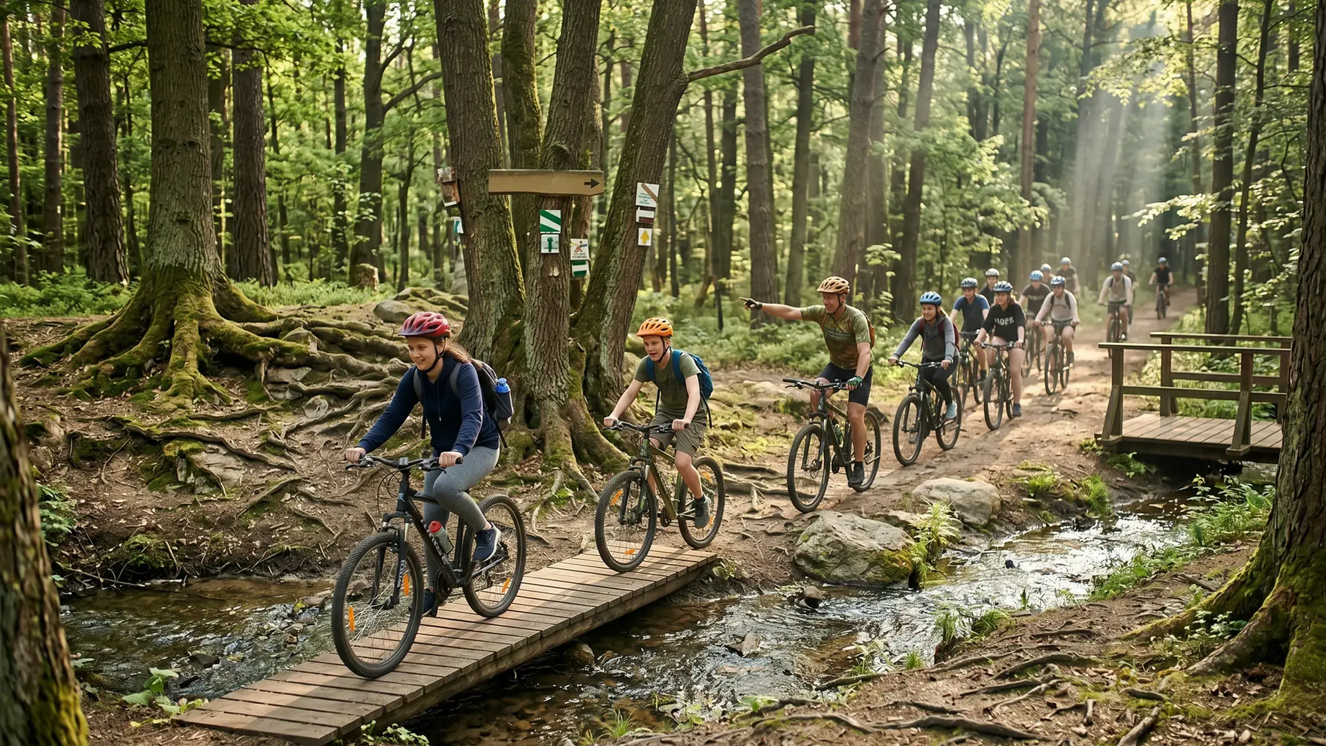 Dzieci z wychowawcą jadące rowerami po kładce w lesie na szkolnej wycieczce rowerowej