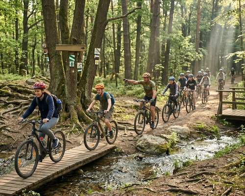 Dzieci z wychowawcą jadące rowerami po kładce w lesie na szkolnej wycieczce rowerowej