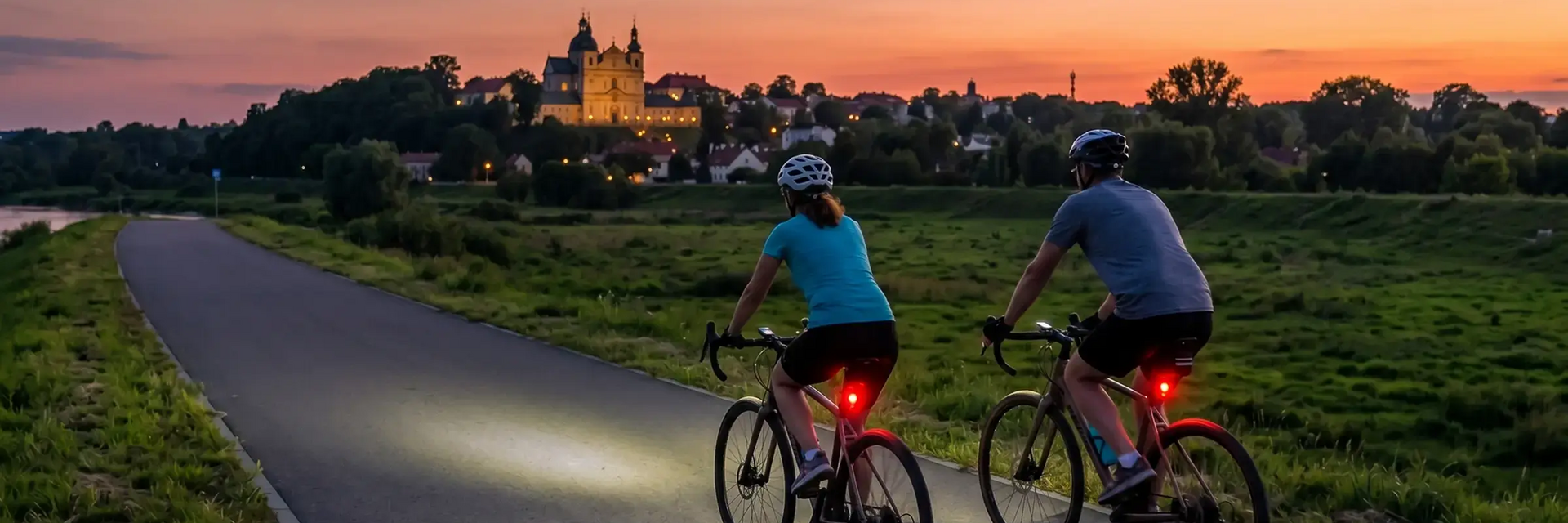 Rowerzyści na rowerach w kaskach jadący rowerami do Góry Kalwarii