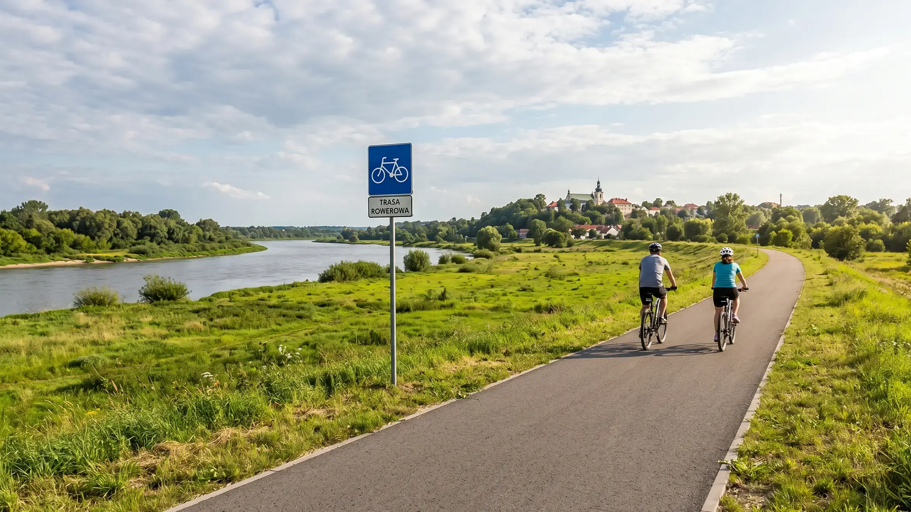 Rowerzyści jadący w kaskach na rowerach po ścieżce rowerowej