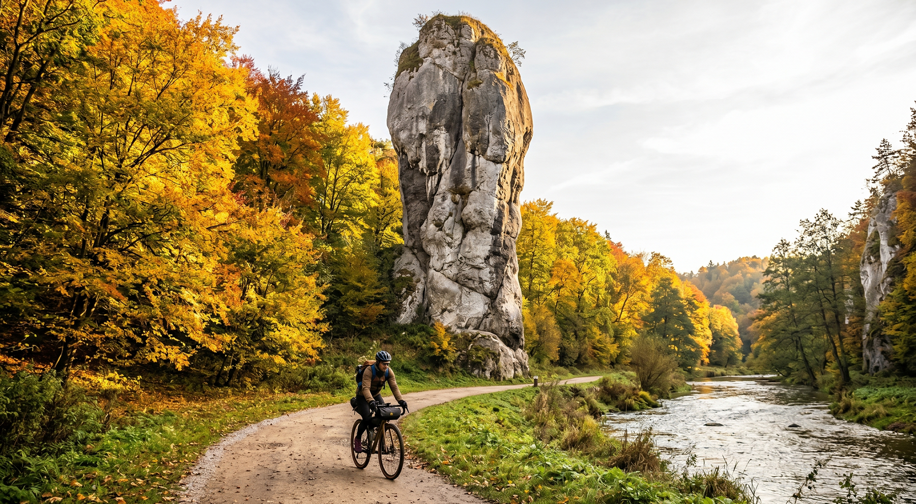 Rowerzysta w kasku jadący rowerem przez Ojcowski Park Narodowy