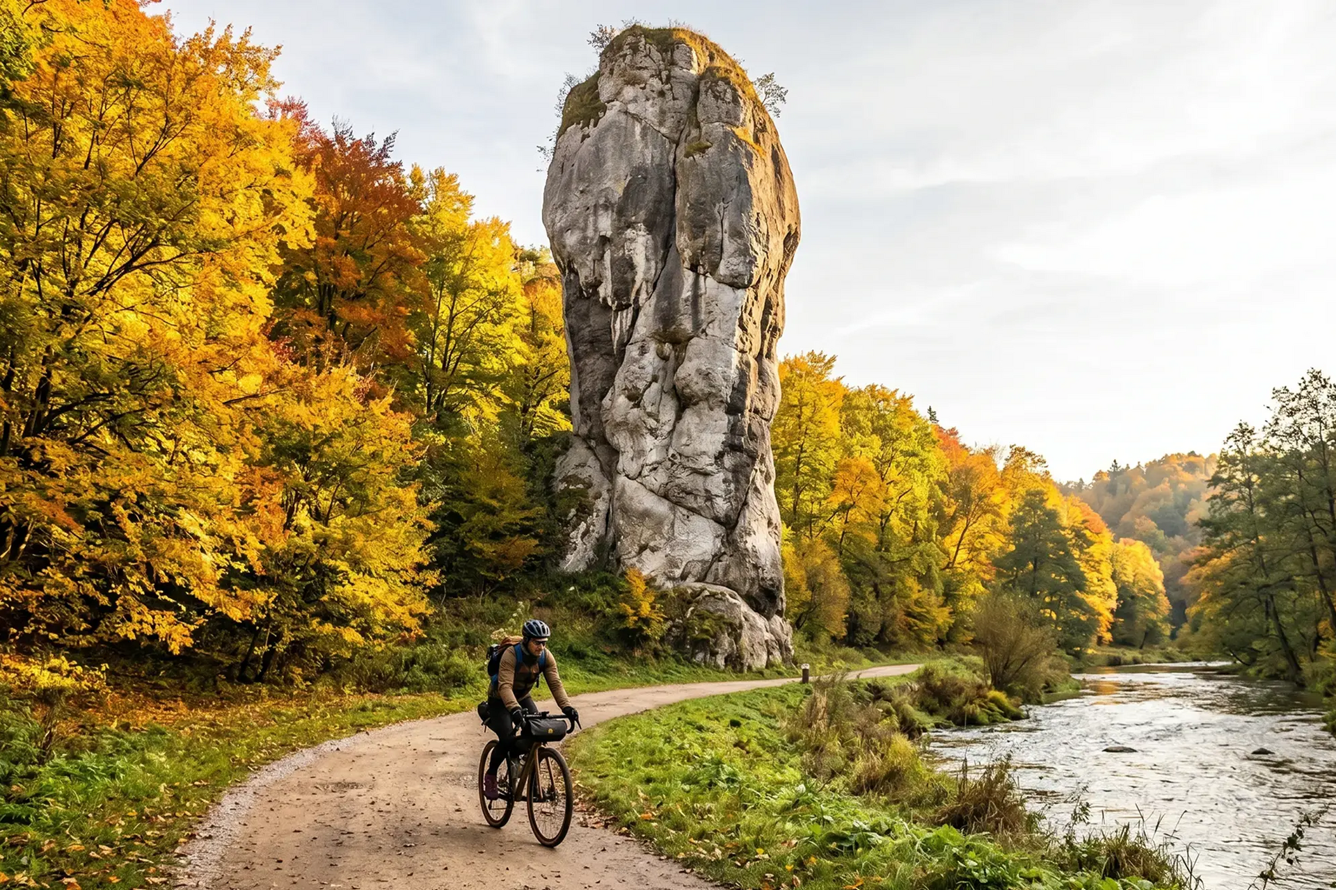 Rowerzysta w kasku jadący rowerem przez Ojcowski Park Narodowy