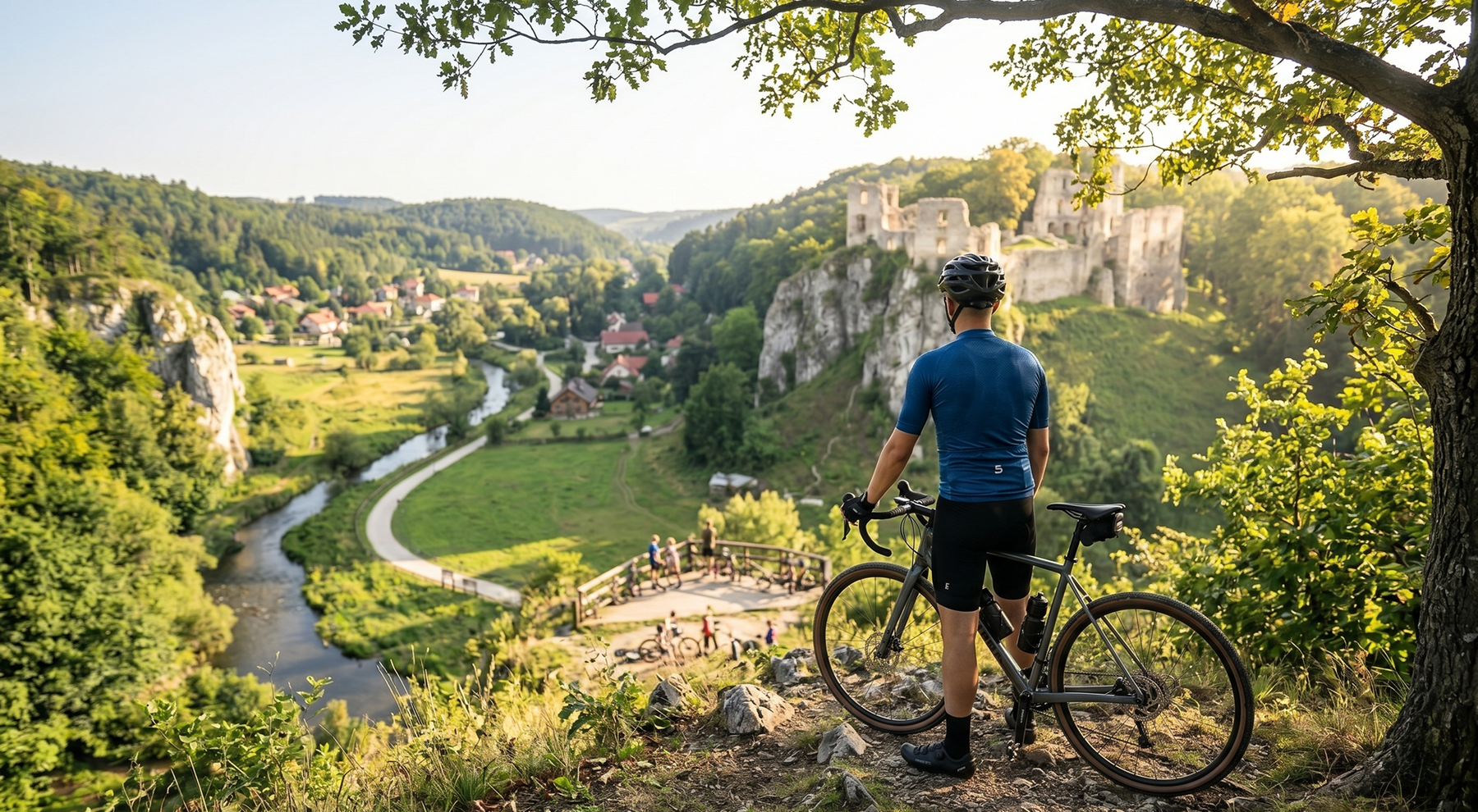 Rowerzysta w kasku stojący na rowerze podziwiający widok na Ojcowski Park Narodowy
