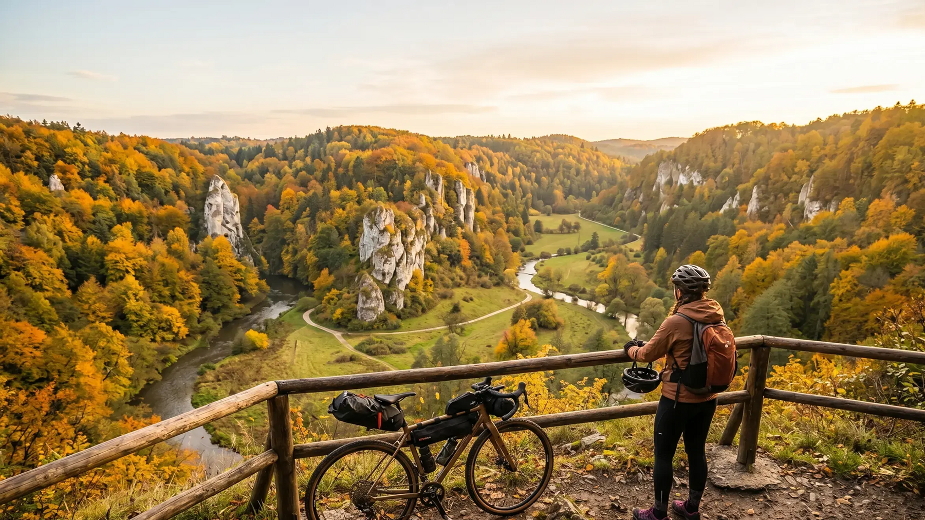 Rowerzysta w kasku podziwiający widok na Ojcowski Park Narodowy