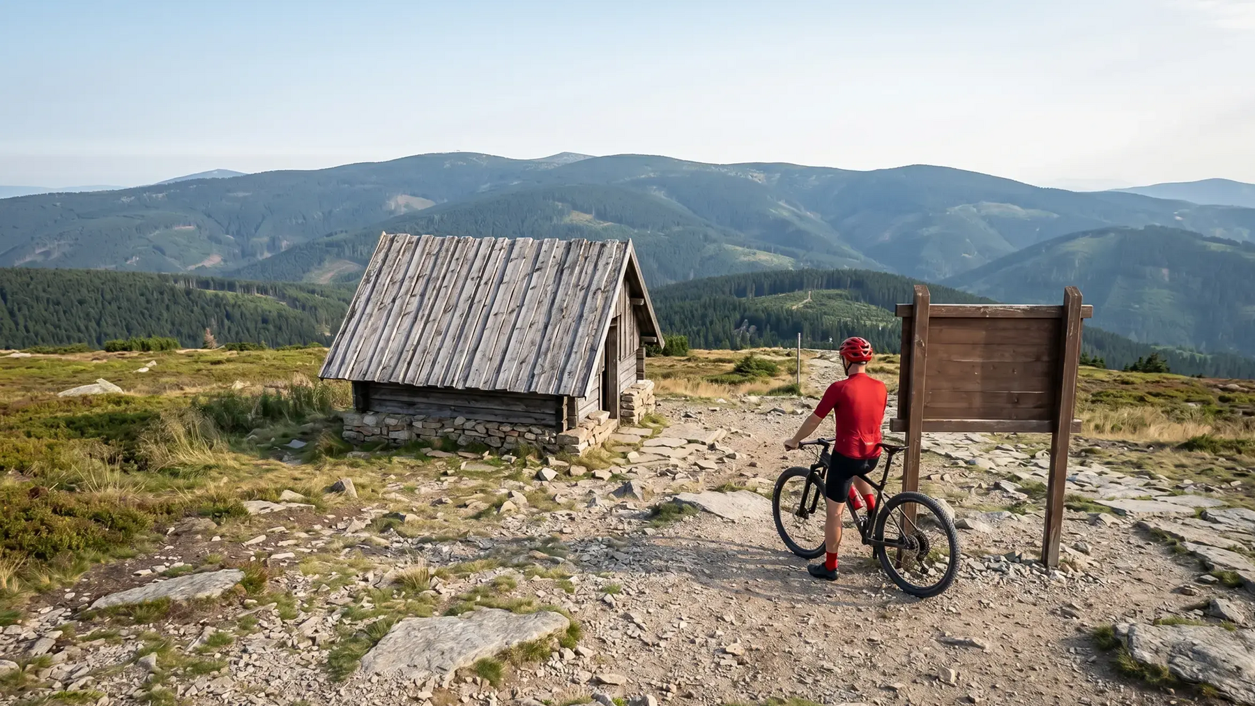 Rowerzysta jadący rowerem na szlaku rowerowym w górach