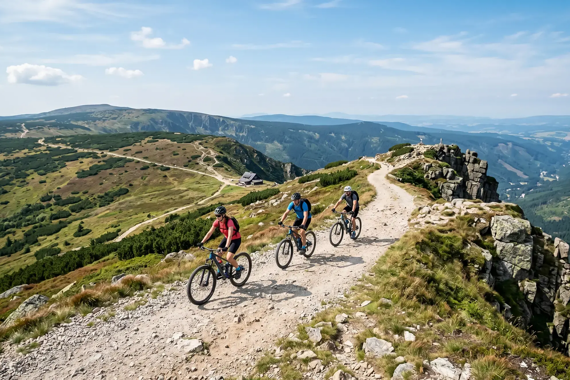 Rowerzyści w kaskach jadący po trasie rowerowej w górach